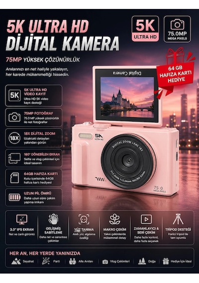 5k 75mp Hd Dijital Kamera 18x Dijital Zoom, Flaşlı,3.0 İnç Ekranlı Vlog Ve Fotoğraf Makinesi Çok Renkli