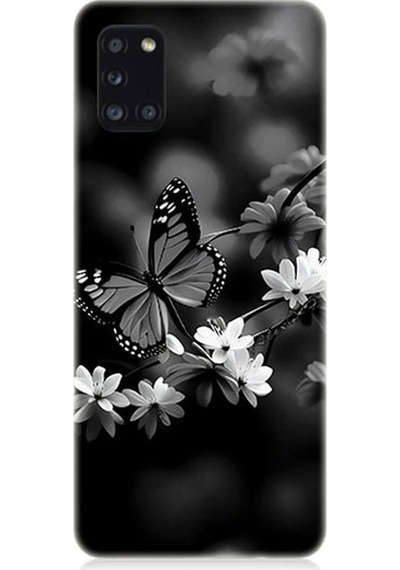 Samsung Galaxy A31 Uyumlu Siyah Beyaz Kelebek Ve Çiçek Desenli Silikon Kılıf