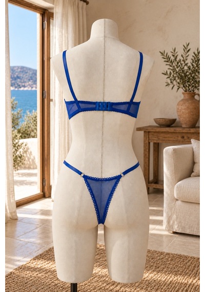 Loveria Çiçek Nakışlı Balenli Kapsız Lacivert İç Çamaşırı Takımı Saks Saks
