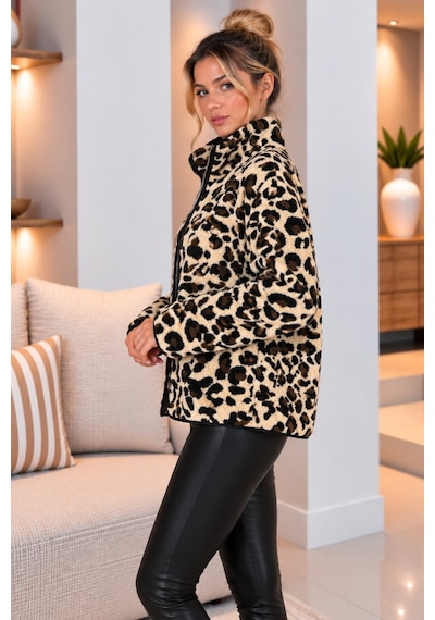 Lima Leopar Kadın Desenli Polar Ceket Fermuarlı Dik Yaka Oversize Kışlık Polar