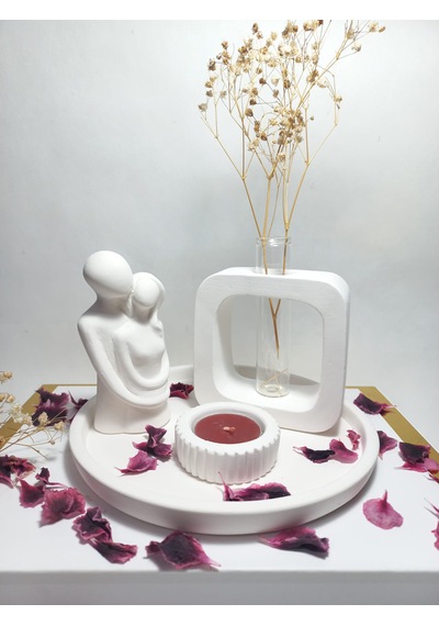 Kare Formlu Cam Tüplü Sarılan Sevgili Dekoratif Mumluk Set Beyaz Beyaz