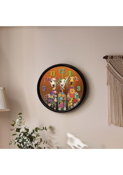 Çiçek Desenli Sevimli Köpekler Temalı Duvar Saati 28 Cm Sessiz Mekanizma Modern Dekor Çok Renkli
