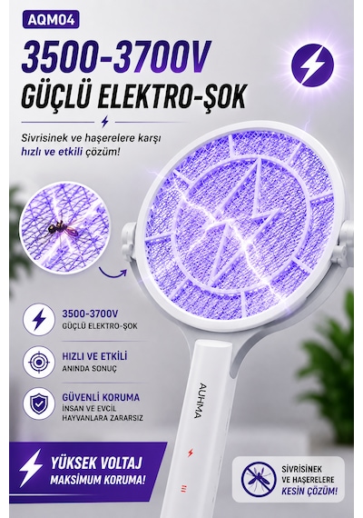Aqm04 Şarjlı Elektrikli Auhma Sinek Öldürücü Raket 3500-3700v , Standlı Masaüstü Kullanım, Led Işıklı, 1200mah
