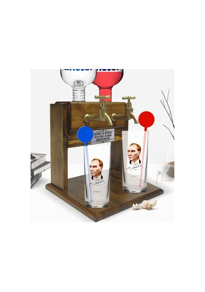Kişiye Özel Renkli Baskılı Atatürk Temalı İkili Vodka Bardağı Ve Çift Musluklu Doğal Ahşap Vodka Standı-15