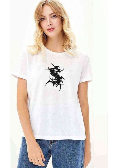 Heavy Metal Logo Baskılı Beyaz Kadın Tshirt