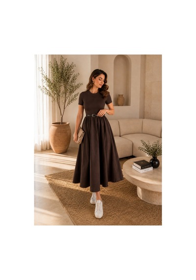Unika Boutique Kadın Kemerli Poplin Midi Elbise Kahverengi