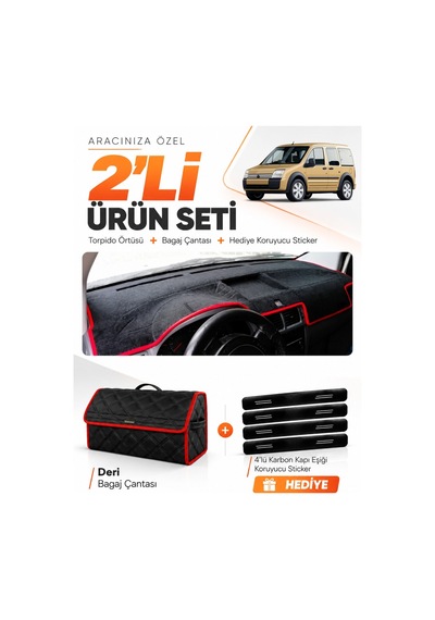 Ford Connect 2002-2008 Uyumlu Torpido Örtüsü + Deri Bagaj Çantası + Sticker Seti - Siyah Kırmızı