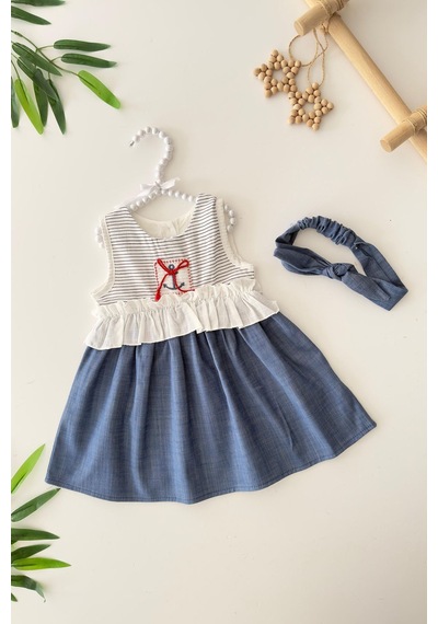 Miniğimin Cicileri Denizci Desen Kız Bebe Bandanalı Elbise - Mavi