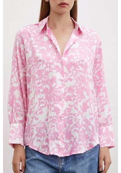 Never More Desenli Gofret Saten Gömlek Pembe Pembe