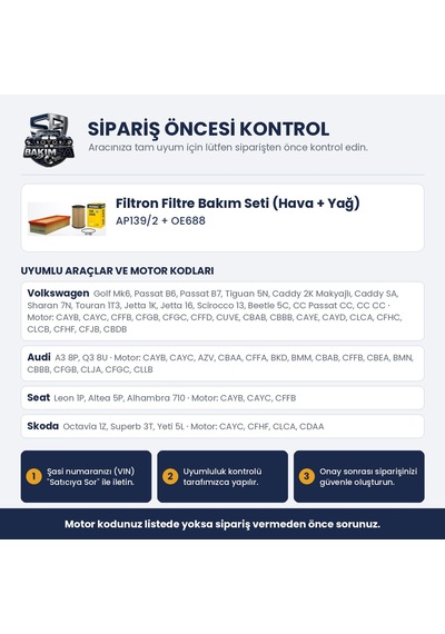 Filtron Filtre Bakım Seti Hava+yağ - Golf 6 / Passat B6-b7-cc / Octavia 2 1.6-2.0 Tdı / 1.8 Tsı