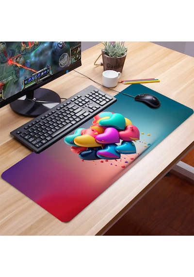 Sonictouch Dijital Çizim Kalpler Kaymaz Gaming Oyuncu Masaüstü Dikişsiz Mavi Yeşil Klavye Mouse Pad