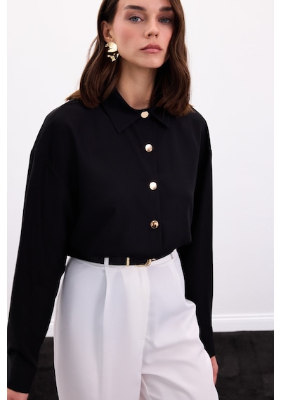 Sateen Çıtçıt Detaylı Gömlek - Siyah-136896 Siyah