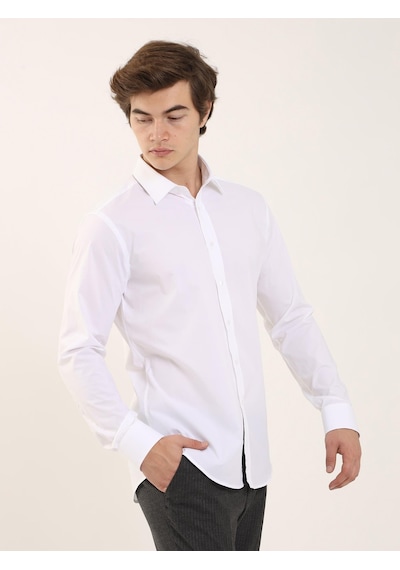 Dufy Beyaz Erkek Slim Fit Klasik Yaka Uzun Kol Gömlek - 103129 Beyaz