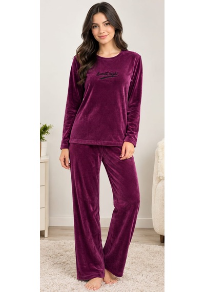 Mürdin Kadife Kadın Pijama Takımı Açık Mürdüm