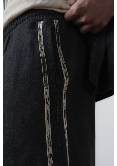Respire Erkek Şerit Detaylı Denim Şort Siyah