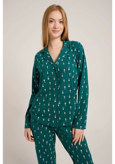 Yeşil Noel Baba Baskılı Düğmeli Pijama Takım Yeşil