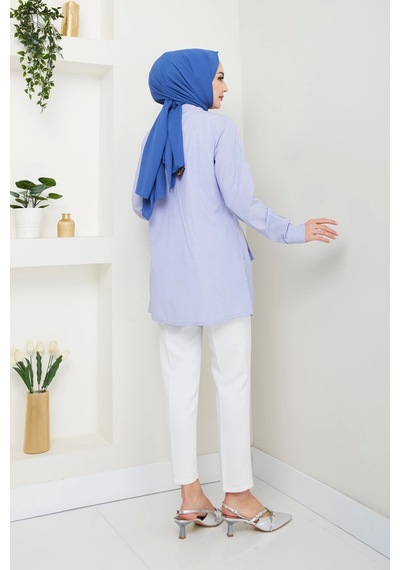 Çizgili Poplin Bağlamalı Gömlek - Mavi / Ü103 Mavi