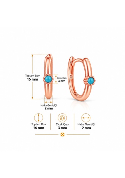 Turkuaz Taşlı Rose Gold 925 Ayar Gümüş Kadın Oval Küpe Pembe