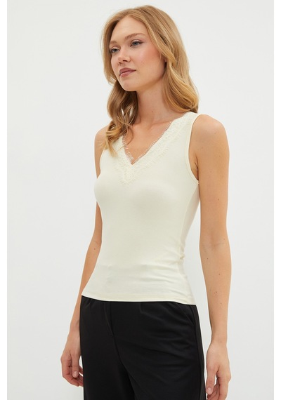Fullamoda Dantelli V Yaka Slim Fit Bluz Sarı
