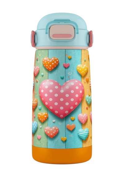 Puccon 420 Ml Kız Çocuklar İçin Paslanmaz Çelik Okul Matarası - 60014 - Kalp Desenli - Pastel Renkli Turkuaz - Pembe