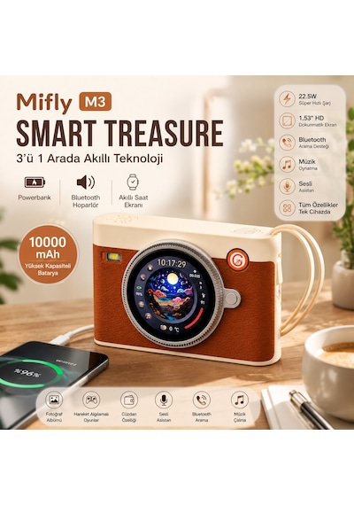 Smart Treasure M3 10000 Mah 22.5w Hızlı Şarjlı Powerbank Bluetooth Hoparlör 1.53 Dokunmatik Akıllı Ekranlı Taşınabilir Şarj Cihazı Kahverengi