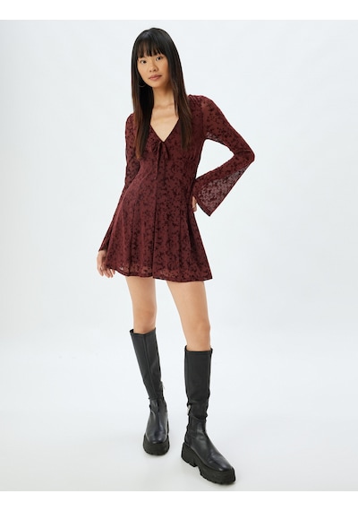 Koton Mini Tulum Şortlu Tül V Yaka Uzun Kollu Dantelli Bordo 5wal40105ık Bordo