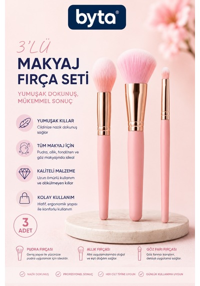 3 Lü Makyaj Fırça Seti Pudra, Allık Ve Göz Farı Fırçası Yumuşak Kıllı Pembe Makyaj Seti