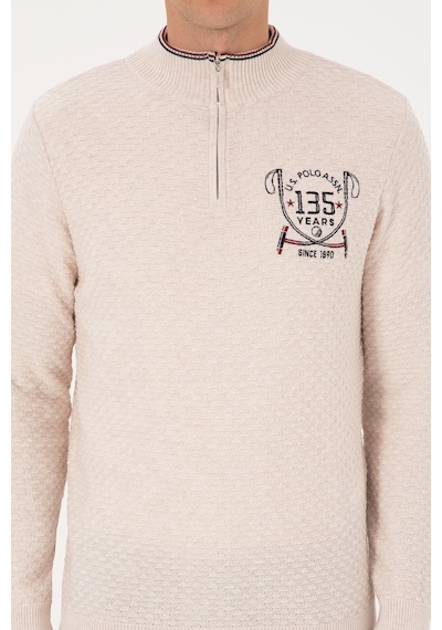 U.S. Polo Assn. Erkek Slim Fit Yarım Fermuarlı Krem Melanj Kazak 50314155-VR159