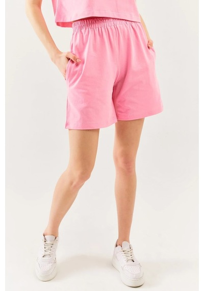 Rahat %100 Pamuklu Penye Beli Lastikli Bel Cepli Kısa Trendy Kadın Şort Pembe