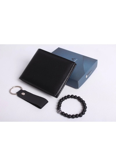 Ozka Leather Collection Kişiye Özel Erkek Cüzdan - Anahtarlık Ve Bileklik Hediye Siyah