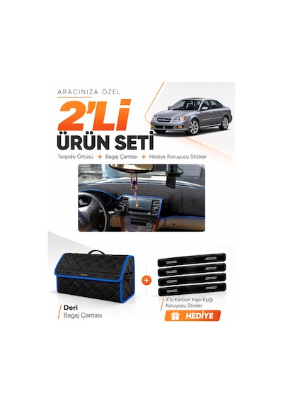 E-biz Subaru Legacy 2003-2009 Uyumlu Torpido Örtüsü + Deri Bagaj Çantası Seti - Siyah-mavi - Su005