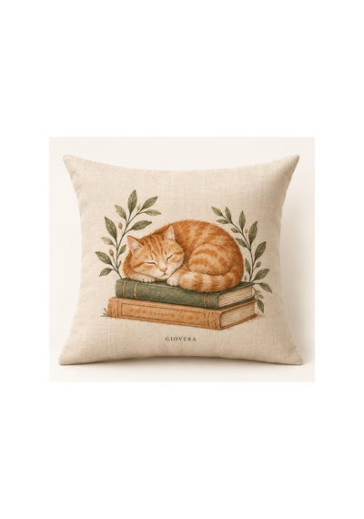 Kitapların Üzerinde Uyuyan Kedi Desenli Pamuk Yastık Kılıfı 43x43 Cm Bej