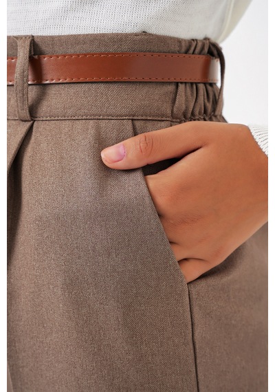 Bigdart 6686 Kadın Pileli Kemerli Kumaş Pantolon - Camel