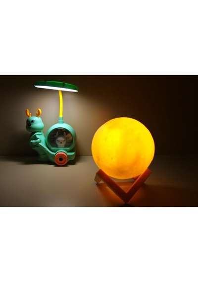 Işık Kasabası 150 Geyik Tepe Lambalı Masa - Gece Lambası Ve 3d Led Küre Mavi 26 Cm