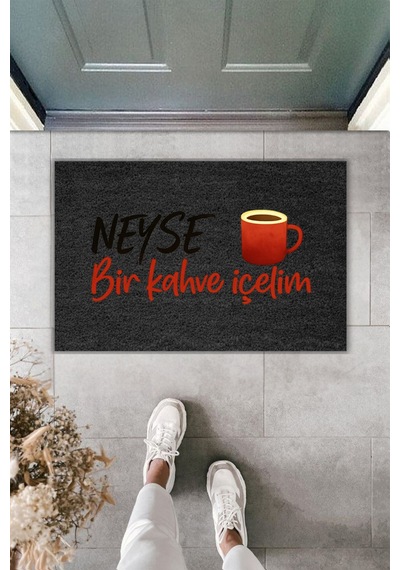 Rugmood Modern Dijital Baskı - Neyse Bir Kahve İçelim - Kapı Önü Paspası Siyah