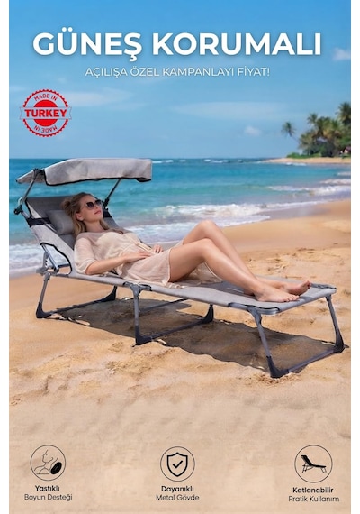 Ecm Proger Gölgelikli Katlanabilir Şezlong, Havuz, Bahçe Ve Teras İçin, Yastıklı, Gri, Modern Stil