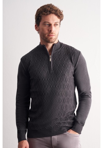 İmza Koyu Antrasit Dik Yaka Uzun Kol Cepsiz Slim Fit Casual Pamuklu Triko Kazak 1012255108 Antrasit