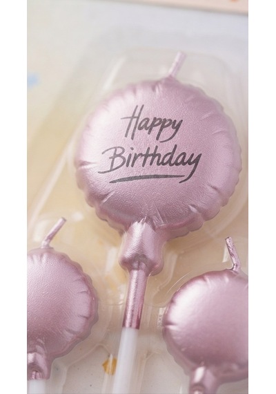 3'lü Balon Tasarımlı Pembe Happy Birthday Pasta Mum Seti - Doğum Günü Pastası Mumu 11-12