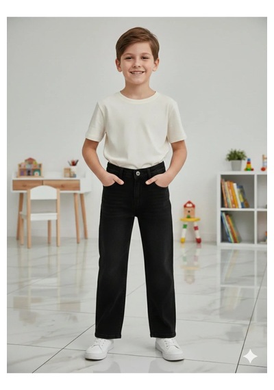 Erdem Kıds Erkek Çocuk Pamuklu Beli Lastikli Baggy Jean Pantolon Rahat Kalıp Geniş Bol Paça Kot Pantolon Siyah Erdem Kıds Erkek Çocuk Pamuklu Beli Lastikli Baggy Jean Pantolon Rahat Kalıp Geniş Bol Paça Kot Pantolon Siyah