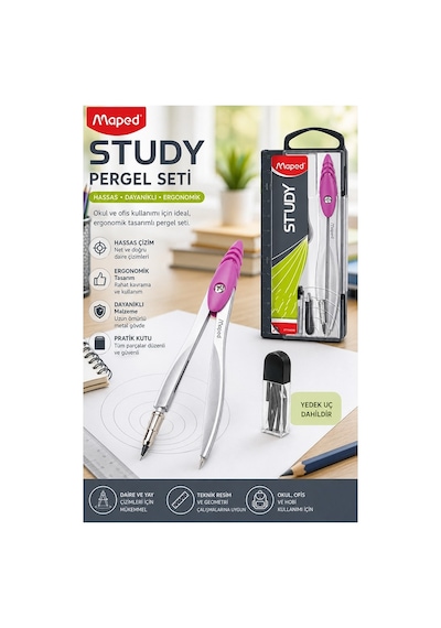 Pembe Metal Pergel 1 Adet Maped 119450 Pergel Seti Teknik Çizim Matematik Geometri Pergel Yedek Uçlu