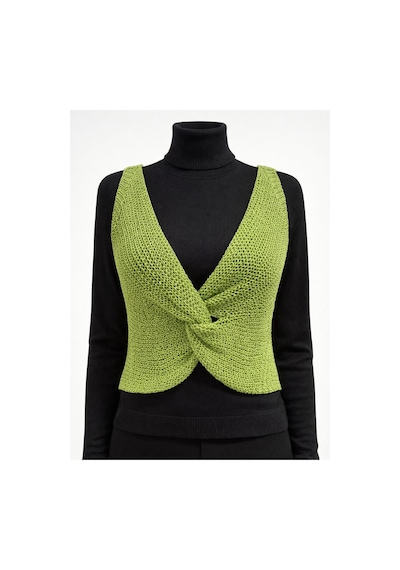 Neden Tekstil Twist Knot Detaylı Premium Kadın Triko Bluz V Yaka Örgü Dokulu Şık Crop Tasarım - Yeşil
