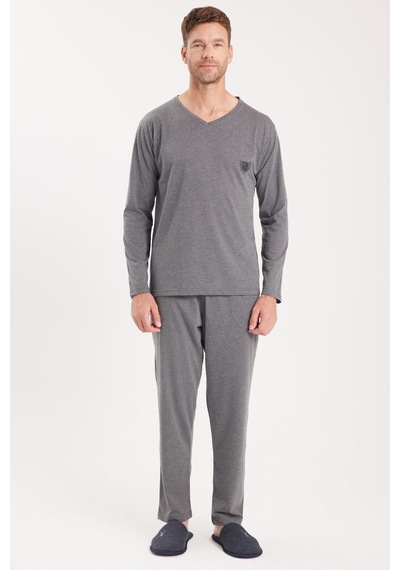 Tudors Erkek Standart Fit %100 Pamuk V Yaka Beli Lastikli Gri Pijama Takımı-37938 Gri