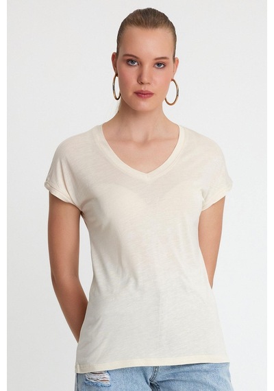 Kadın Bambu Kumaş V Yaka T-shirt Bej