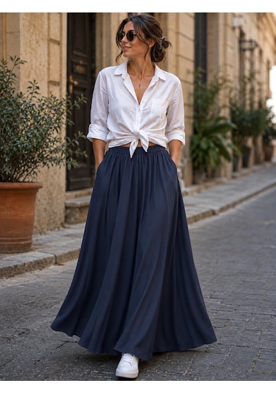 Seldağ Moda Gabardin Gizli Cepli Düz Lacivert Renk Beli Lastikli 95 Cm Boy Maxi Kloş Etek