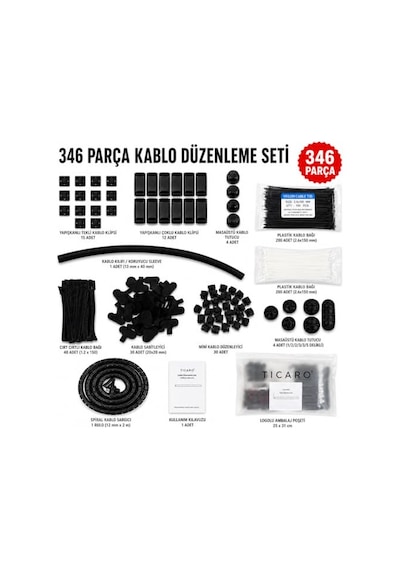 346 Parça Kablo Düzenleme Seti, Masa Altı Ve Bilgisayar Kablo Düzenleyici Organizer, Klips Spiral Sarıcı Cırt Ba