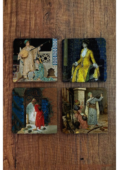 Doğal Taş Bardak Altlığı - Osman Hamdi Bey Eserleri Baskılı 10x10cm Stone Coasters Çok Renkli