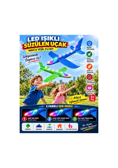 2 Li Led Işıklı Köpük Uçak Seti Mavi & Yeşil Hafif Dayanıklı Fırlatma Uçağı Açık Hava Oyuncağı - 922546684