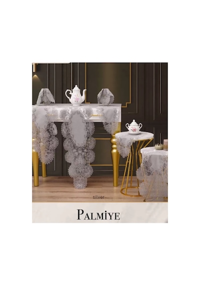 Palmiye Model Gri 7 Parça Keten Masa Örtüsü Runner Seti Şık Salon Takımı Çok Renkli