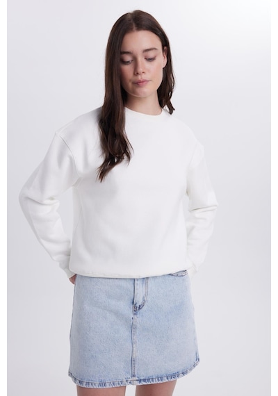 Tudors Kadın Oversize Geniş Kesim Pamuklu Bisiklet Yaka Ekru Sweatshirt-39929 Ekru