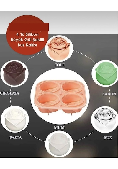 Mum Kalıbı Pratik 4'lü Silikon Büyük Gül Şekilli Buz Kalıbı 4 Adet Silikon Gül Buz Kalıbı Silikon Diğer